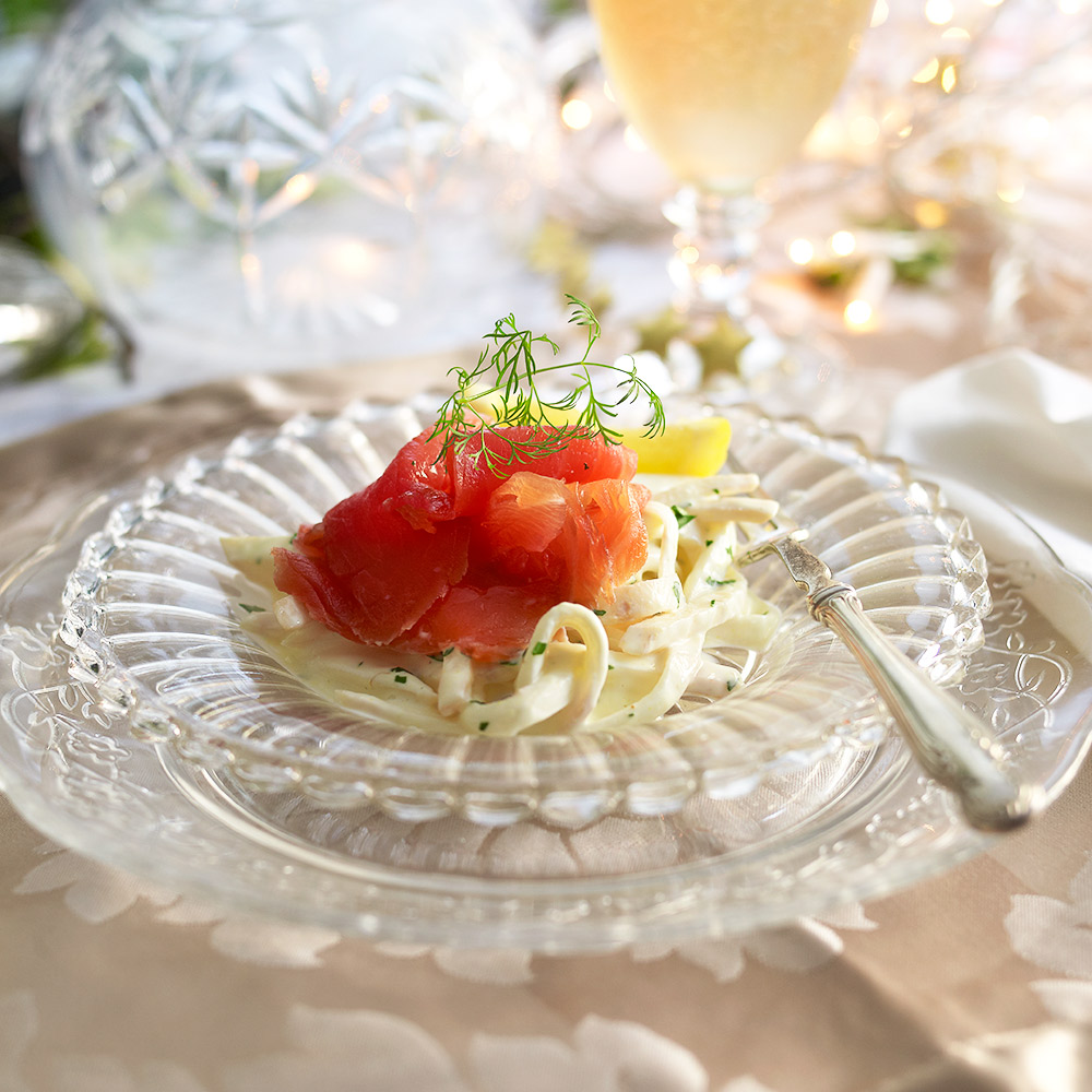 A Christmas Day Smoked salmon starter with celeriac ribbons